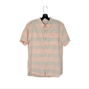 Outerknown Shirt‎ Mens Medium Organic Cotton Hemp Gray Peach Stripe Button Up
